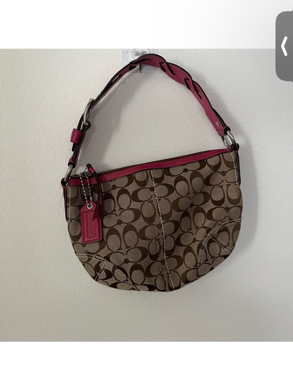 Y2K Coach Brown Signature Canvas Shoulder Bag with Pink Trim